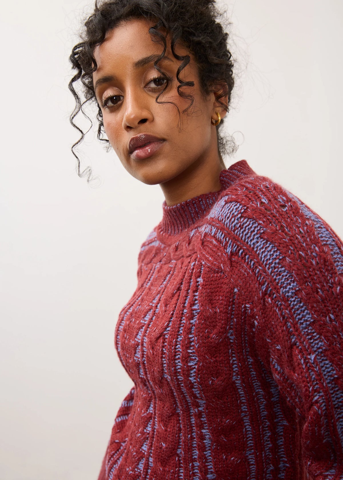FDJ Long Sleeve Cable Sweater Wine/Indigo