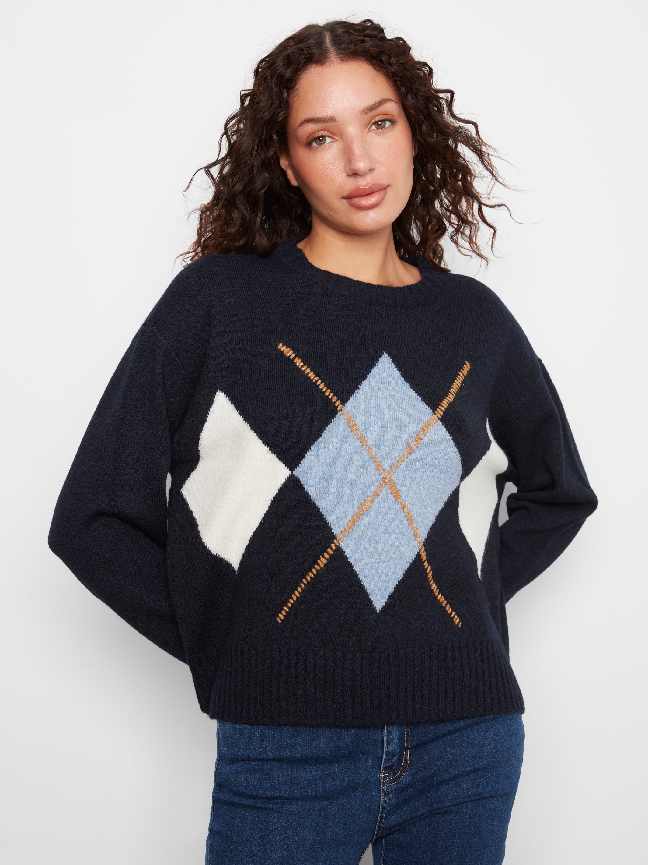 Charlie B Long Sleeve Crew Neck Argyle Sweater--Almond