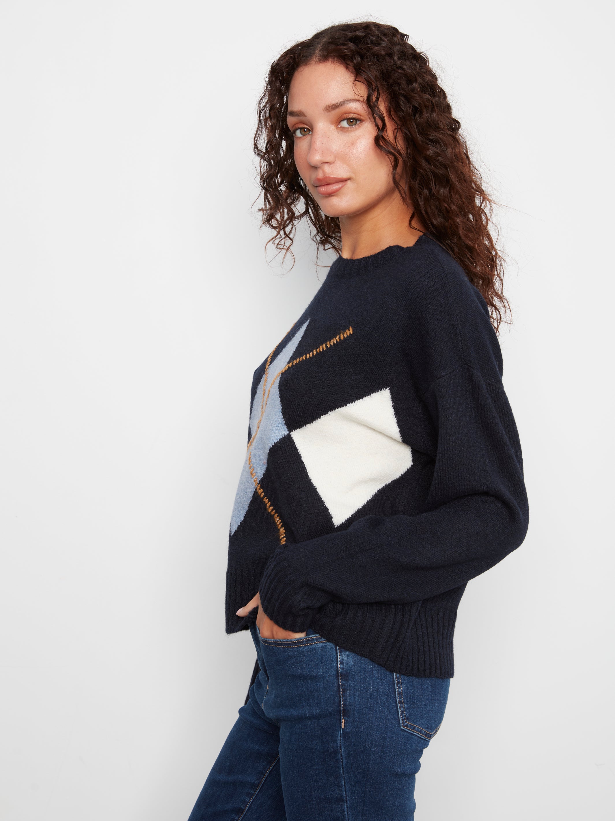 Charlie B Long Sleeve Crew Neck Argyle Sweater