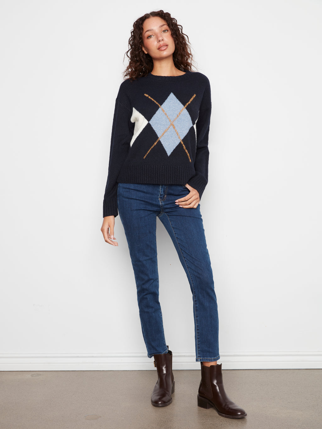 Charlie B Long Sleeve Crew Neck Argyle Sweater