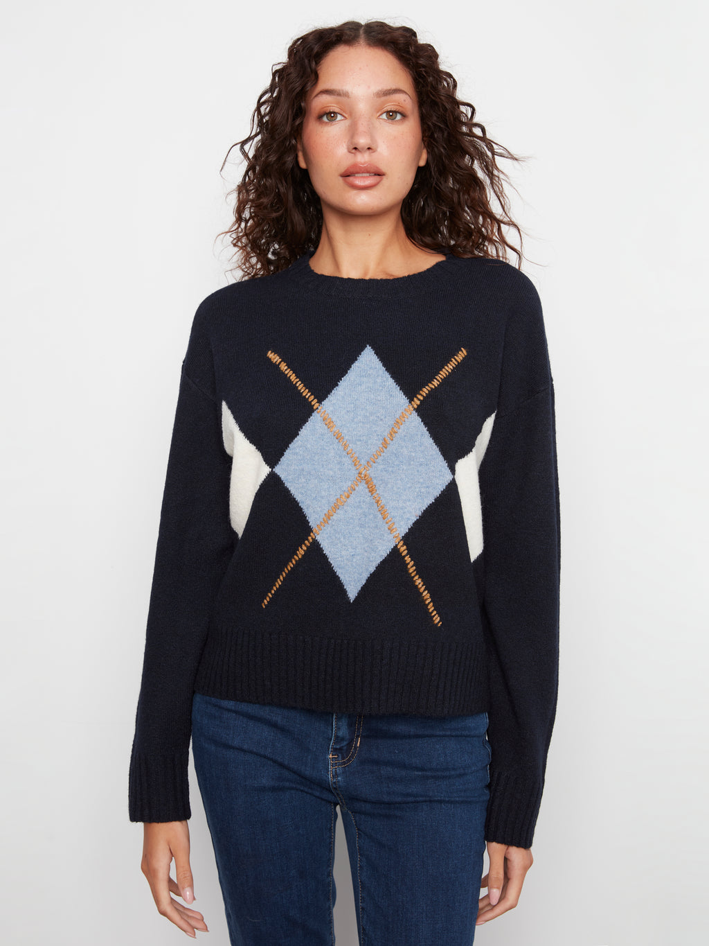 Charlie B Long Sleeve Crew Neck Argyle Sweater