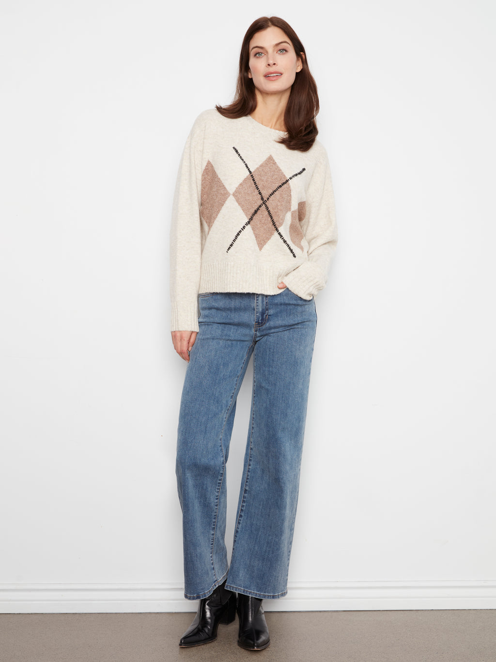 Charlie B Long Sleeve Crew Neck Argyle Sweater