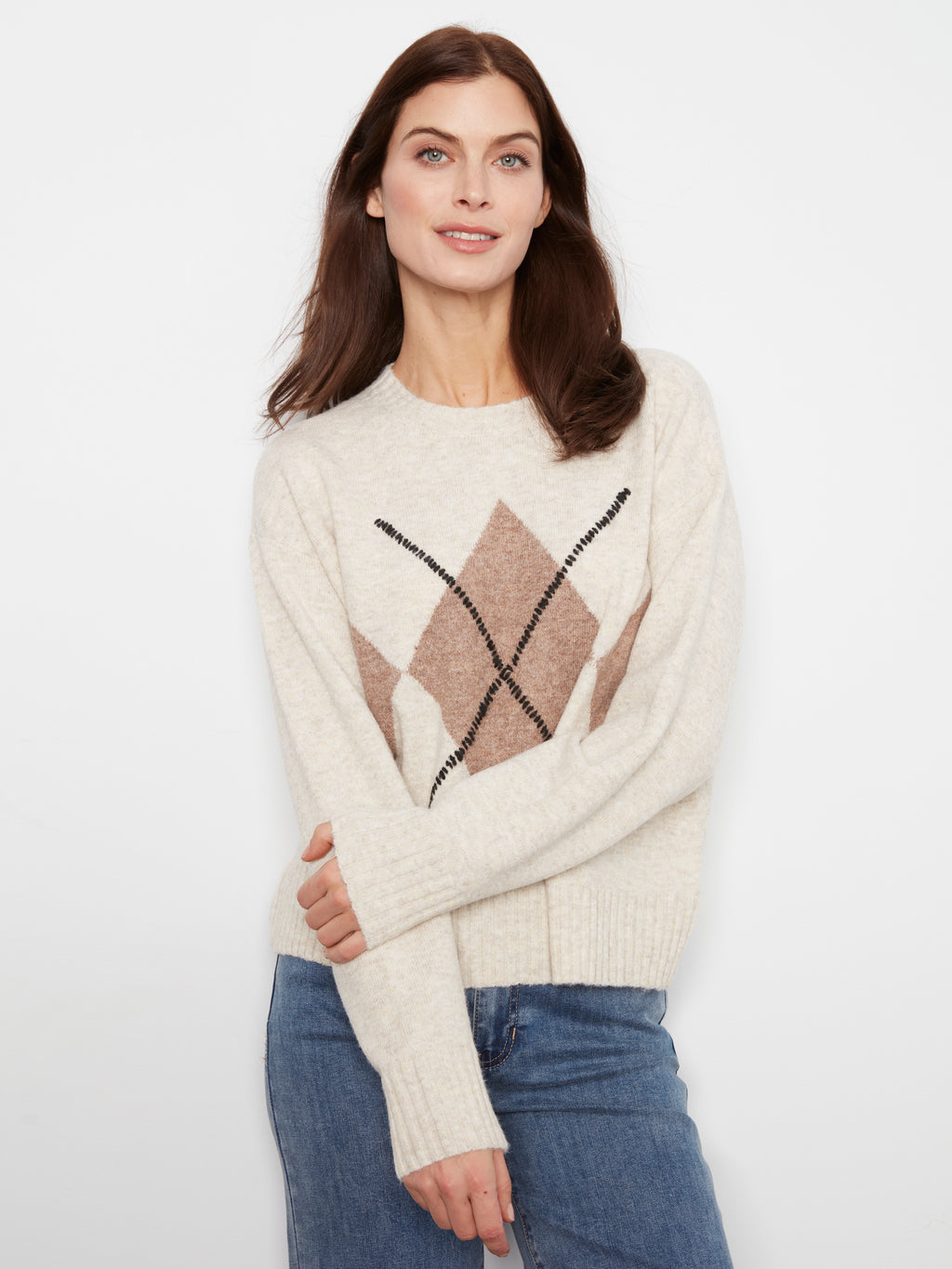 Charlie B Long Sleeve Crew Neck Argyle Sweater
