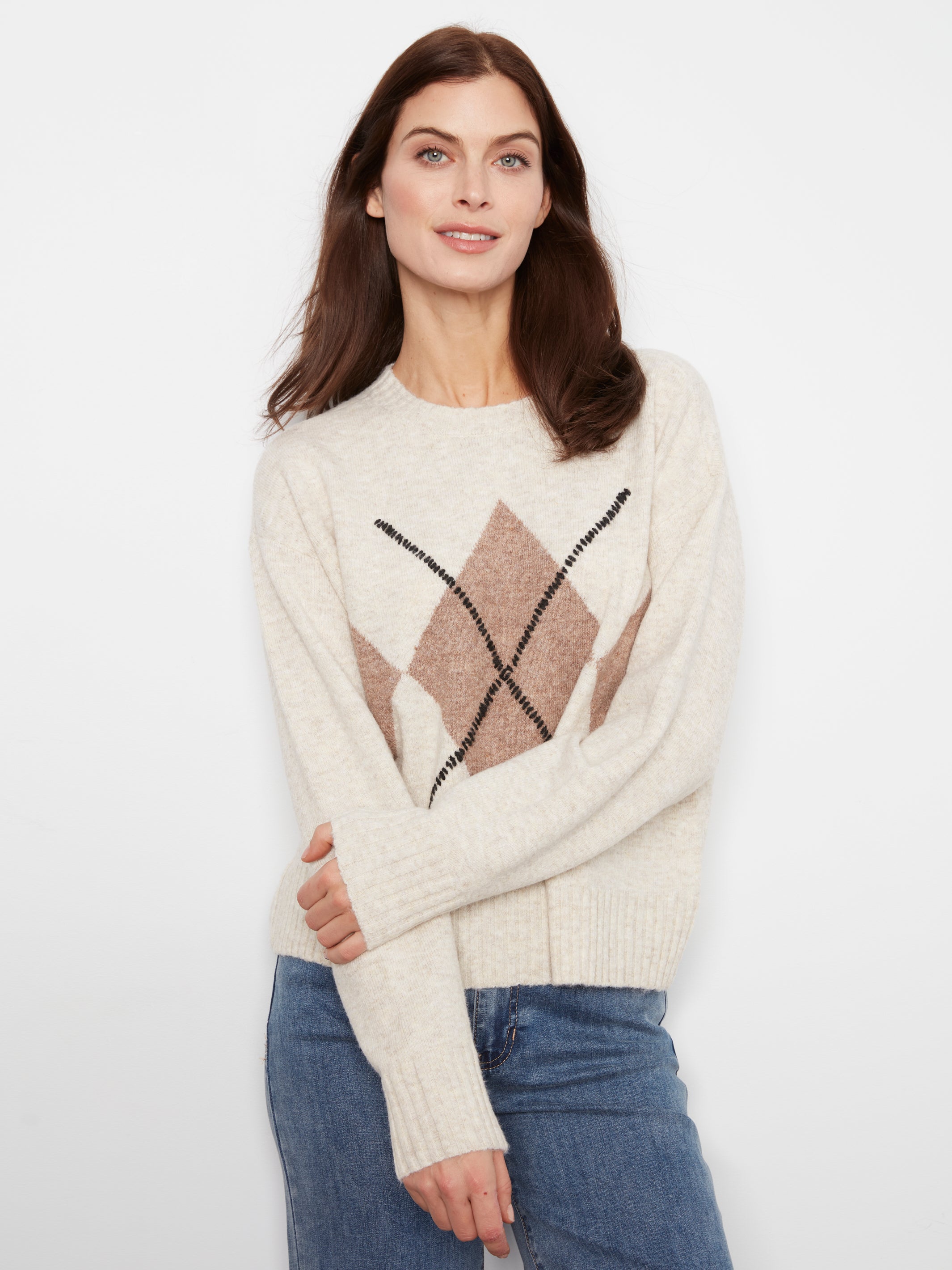 Charlie B Long Sleeve Crew Neck Argyle Sweater