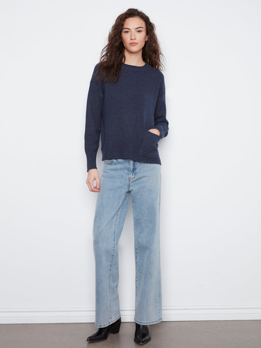 Charlie B Crew Neck Cropped Sweater with Pocket