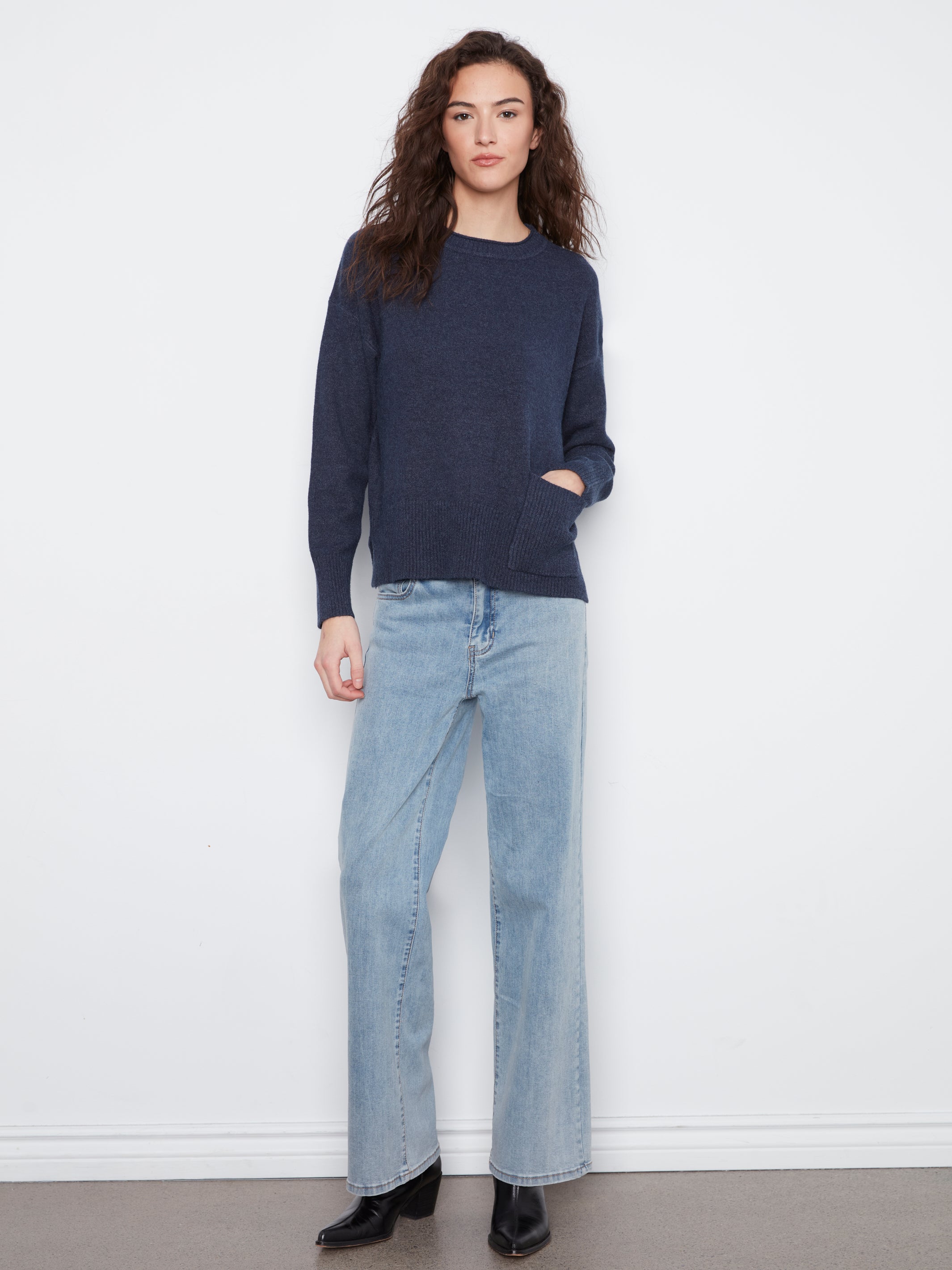 Charlie B Crew Neck Cropped Sweater with Pocket