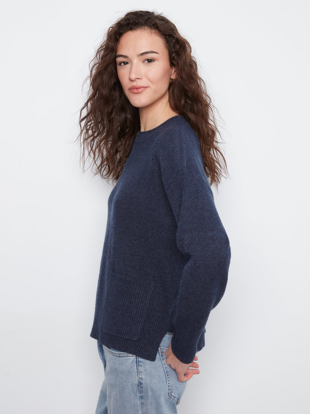 Charlie B Crew Neck Cropped Sweater with Pocket