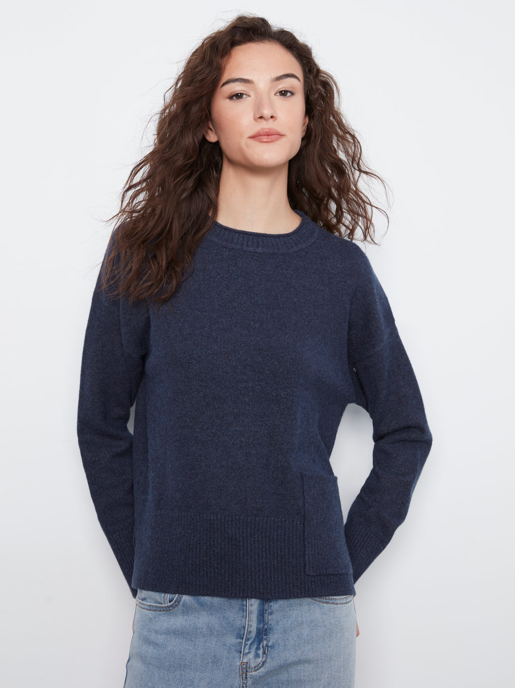 Charlie B Crew Neck Cropped Sweater with Pocket
