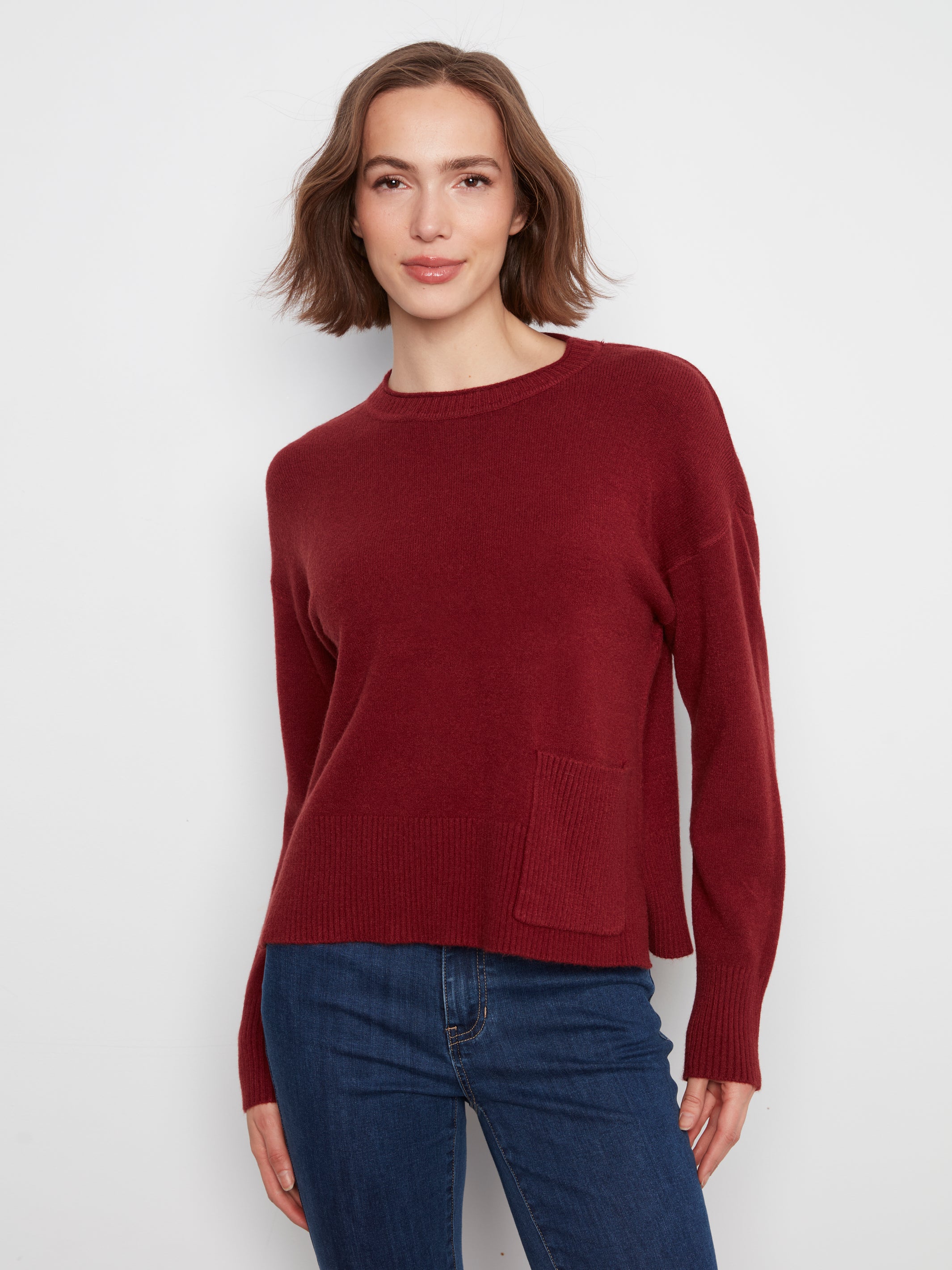 Charlie B Crew Neck Cropped Sweater with Pocket--Navy