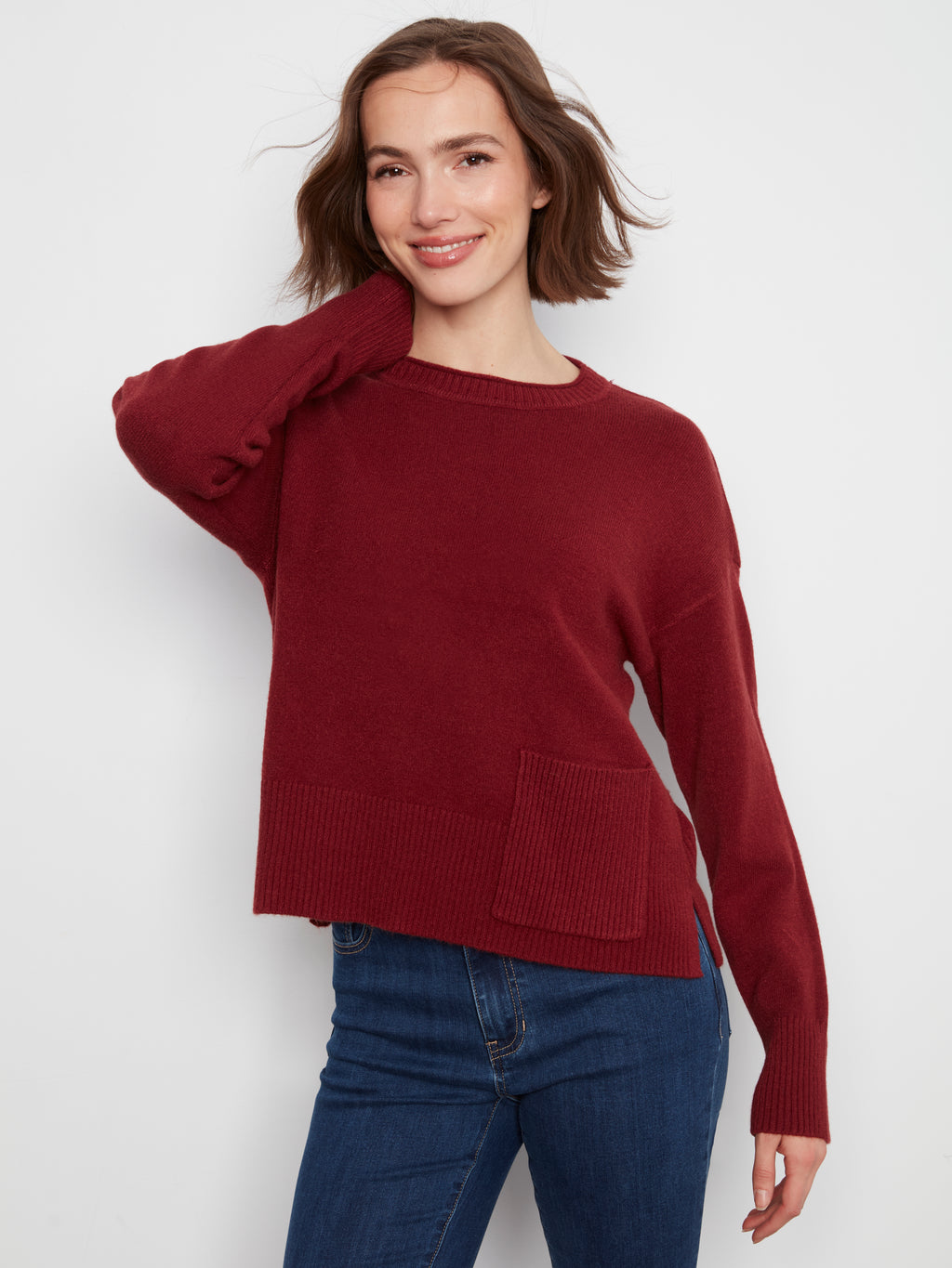 Charlie B Crew Neck Cropped Sweater with Pocket--Navy