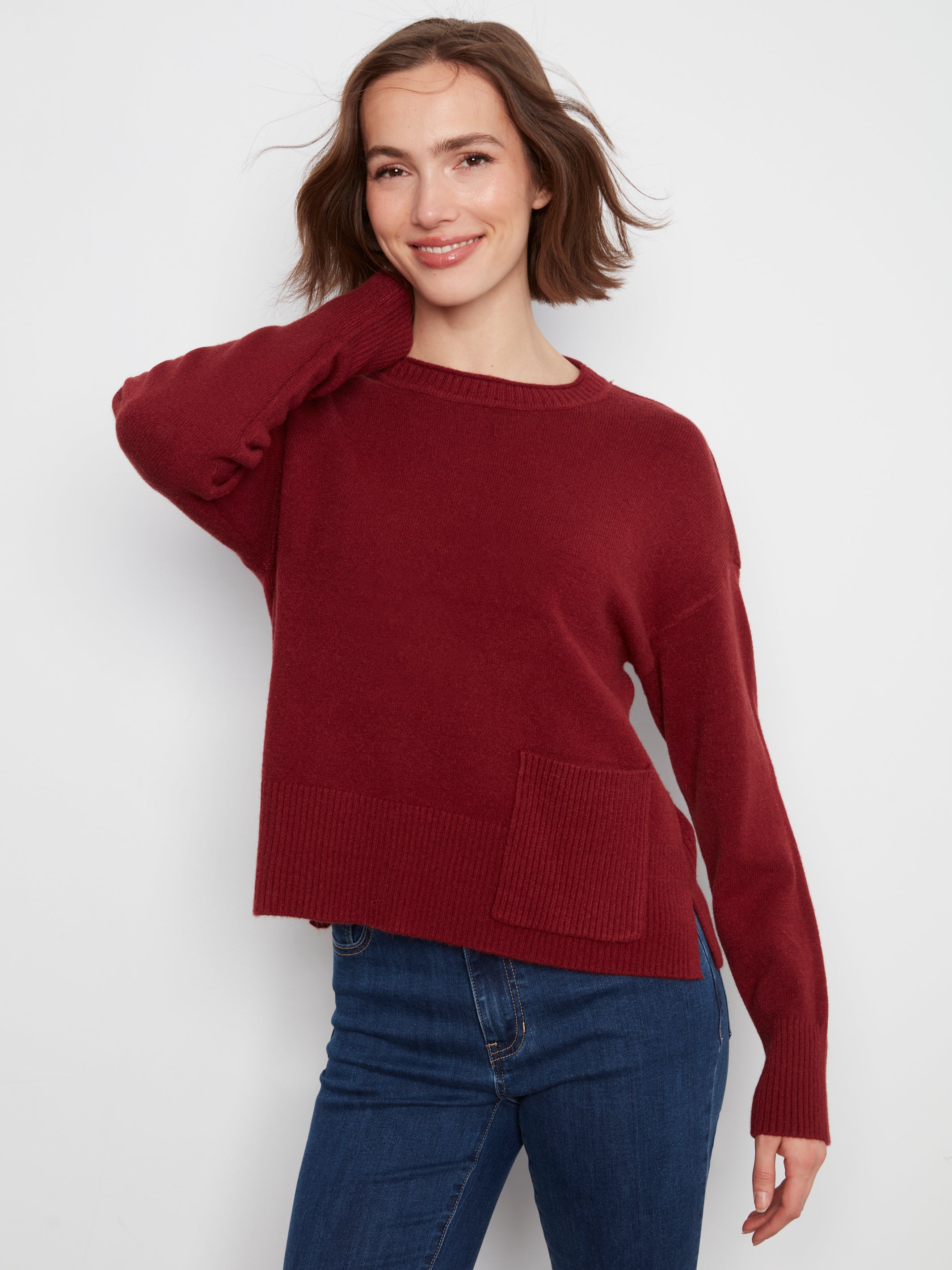 Charlie B Crew Neck Cropped Sweater with Pocket--Navy