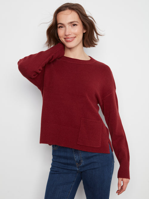 Charlie B Crew Neck Cropped Sweater with Pocket--Merlot