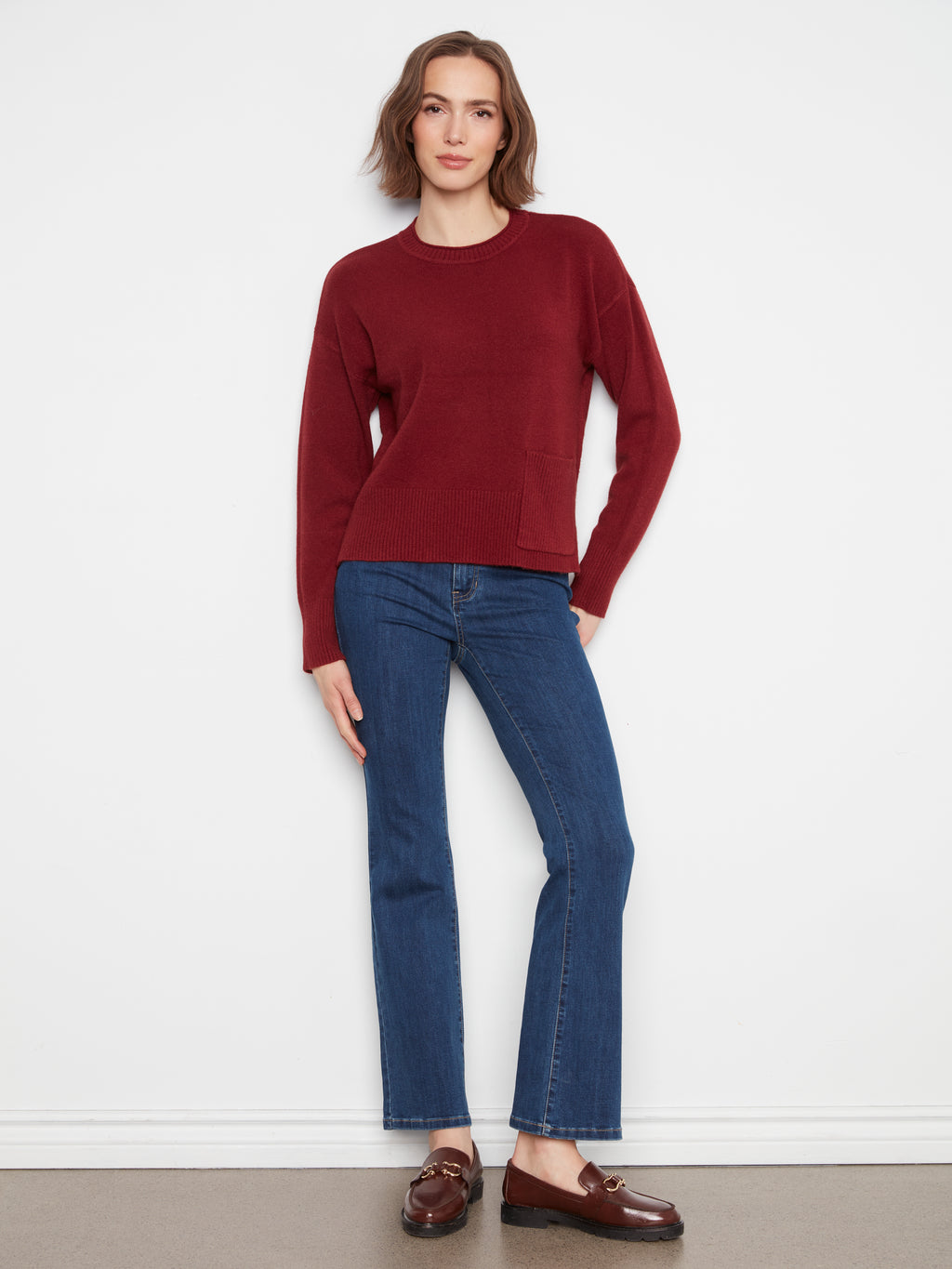 Charlie B Crew Neck Cropped Sweater with Pocket--Navy