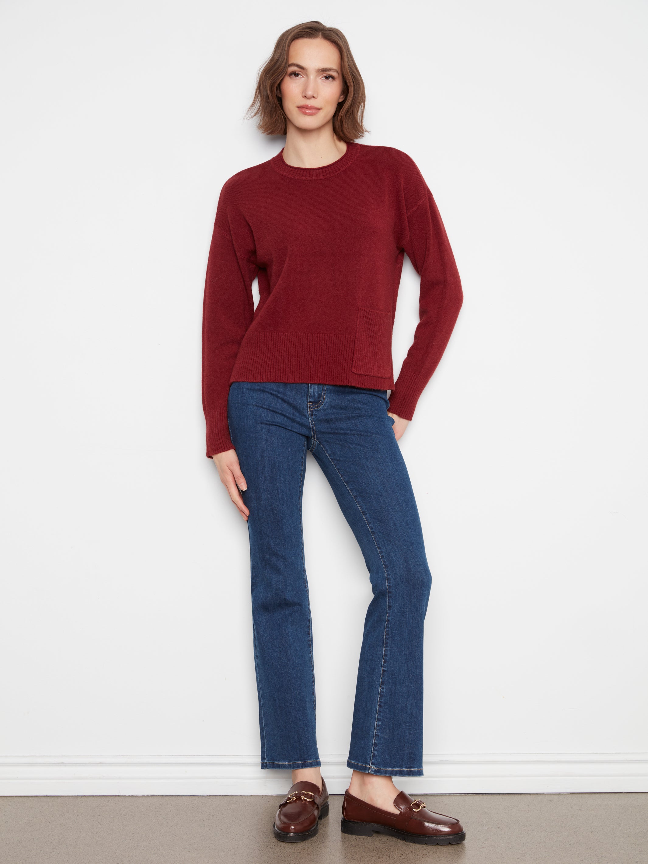 Charlie B Crew Neck Cropped Sweater with Pocket--Navy