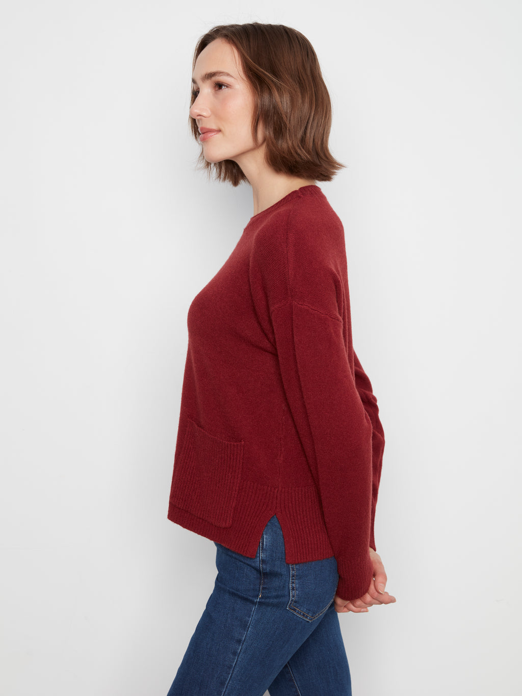Charlie B Crew Neck Cropped Sweater with Pocket--Navy