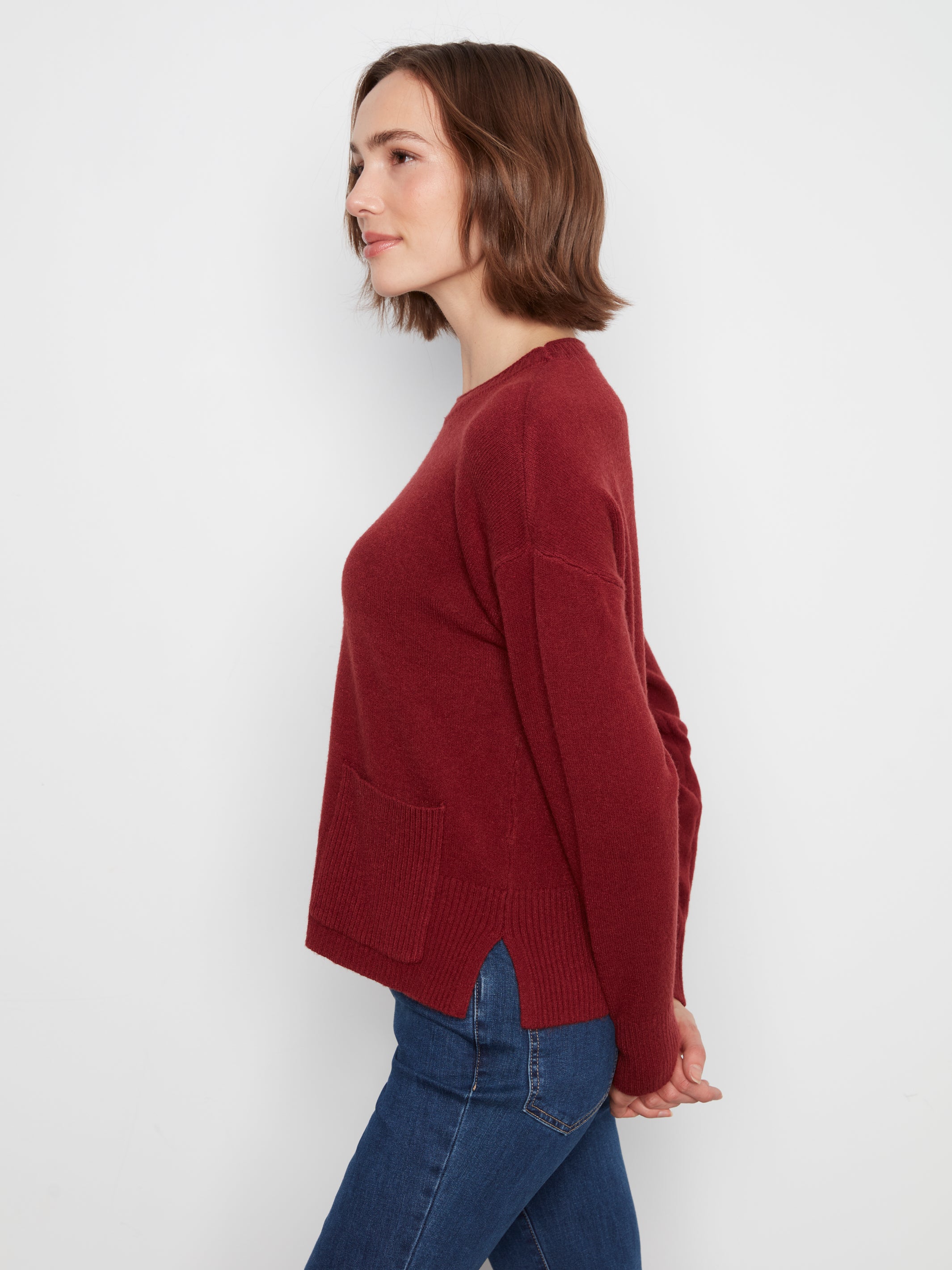 Charlie B Crew Neck Cropped Sweater with Pocket--Navy