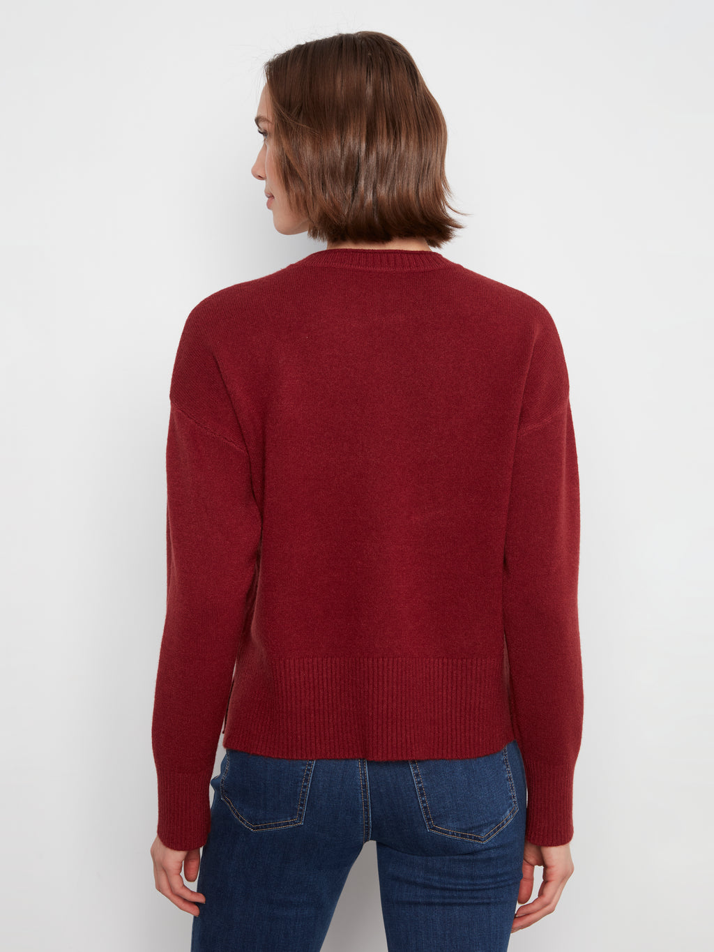 Charlie B Crew Neck Cropped Sweater with Pocket--Navy