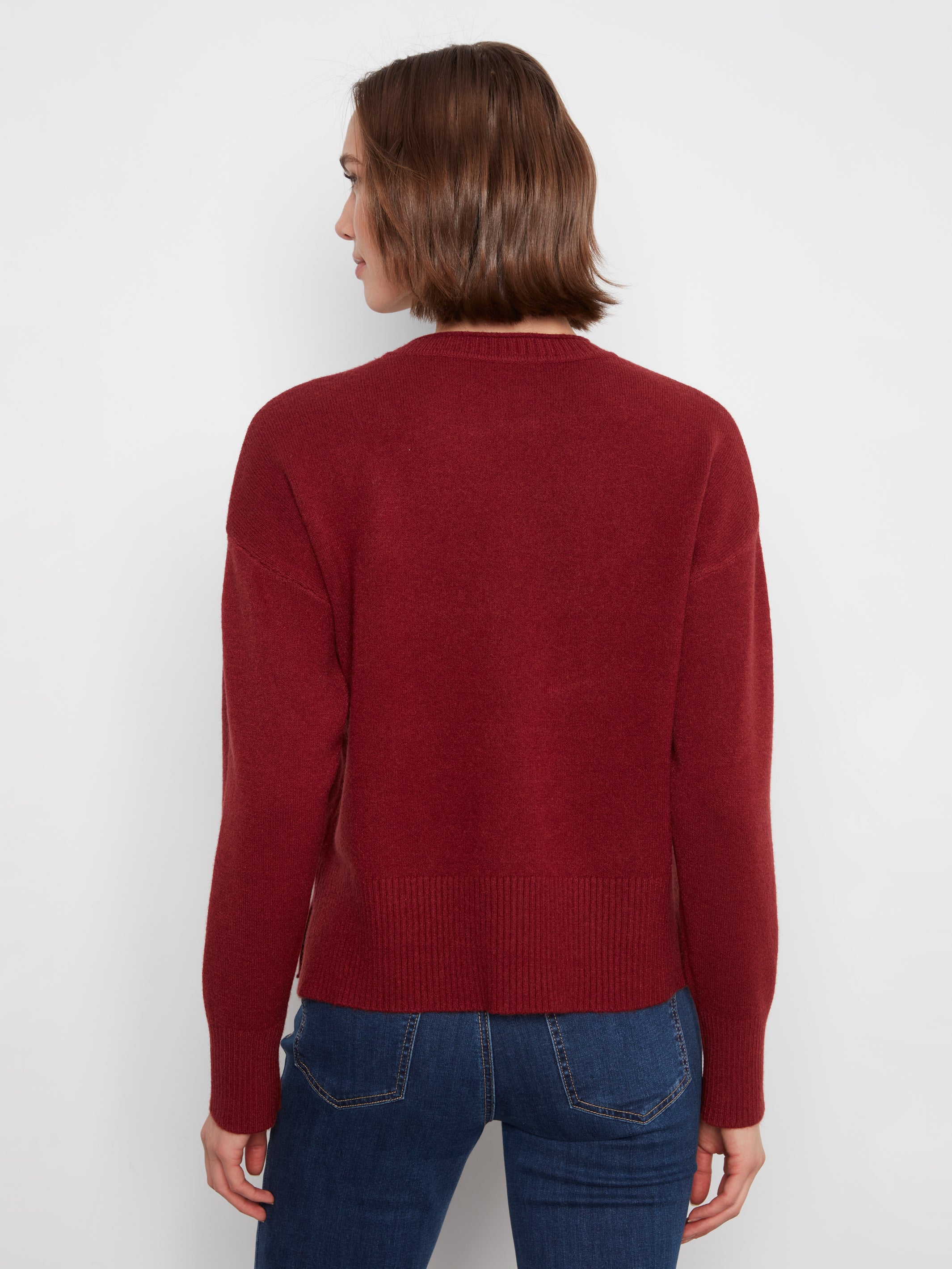 Charlie B Crew Neck Cropped Sweater with Pocket--Navy