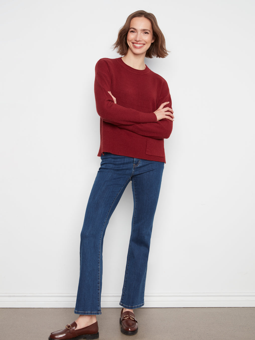 Charlie B Crew Neck Cropped Sweater with Pocket--Navy