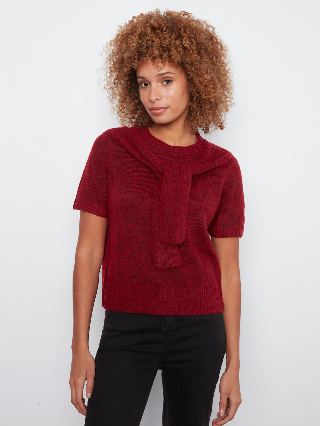 Charlie B Combined Sleeve Detail Faux-Layered Sweater--Equestrian Red
