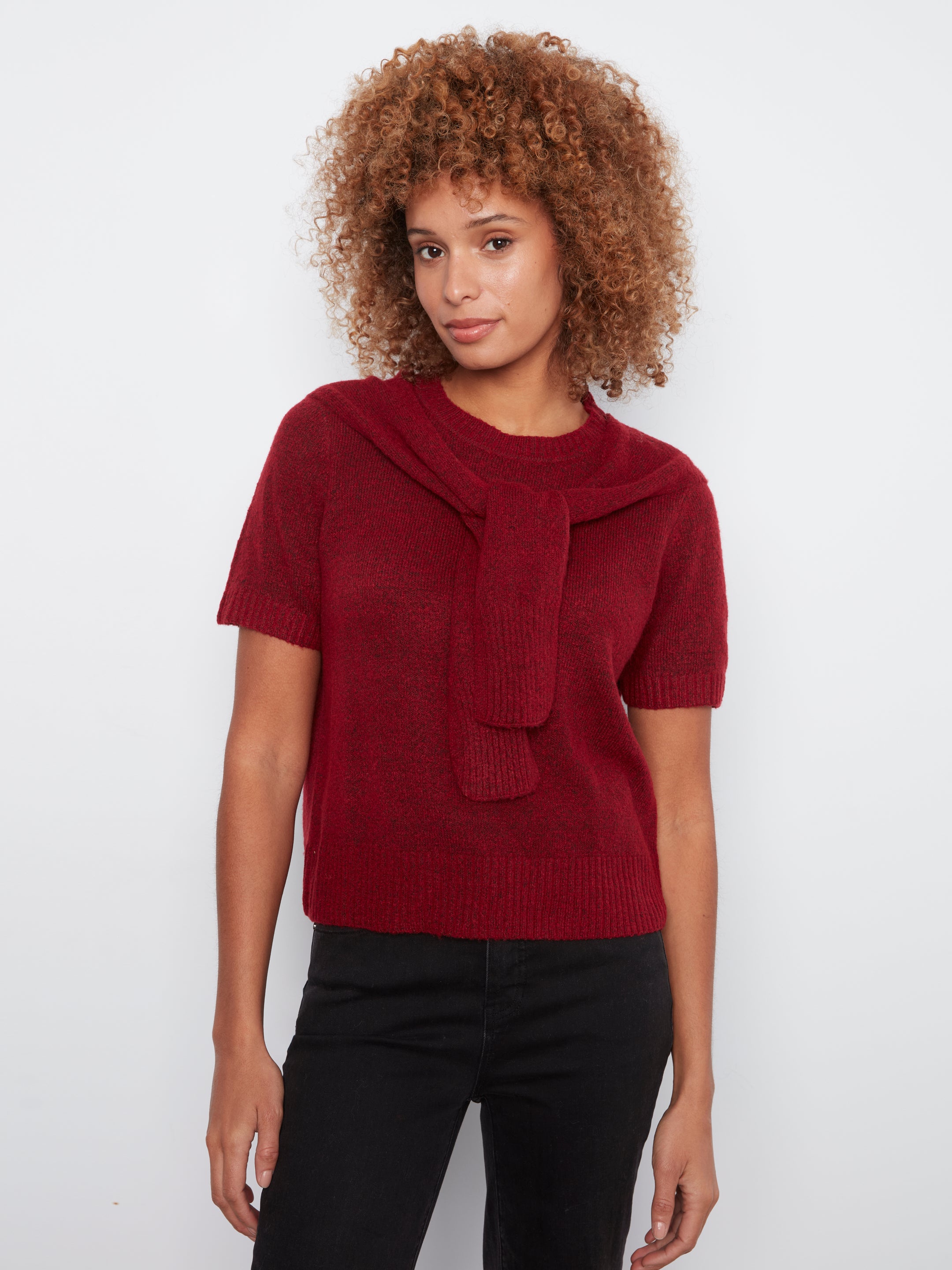 Charlie B Combined Sleeve Detail Faux-Layered Sweater--Equestrian Red