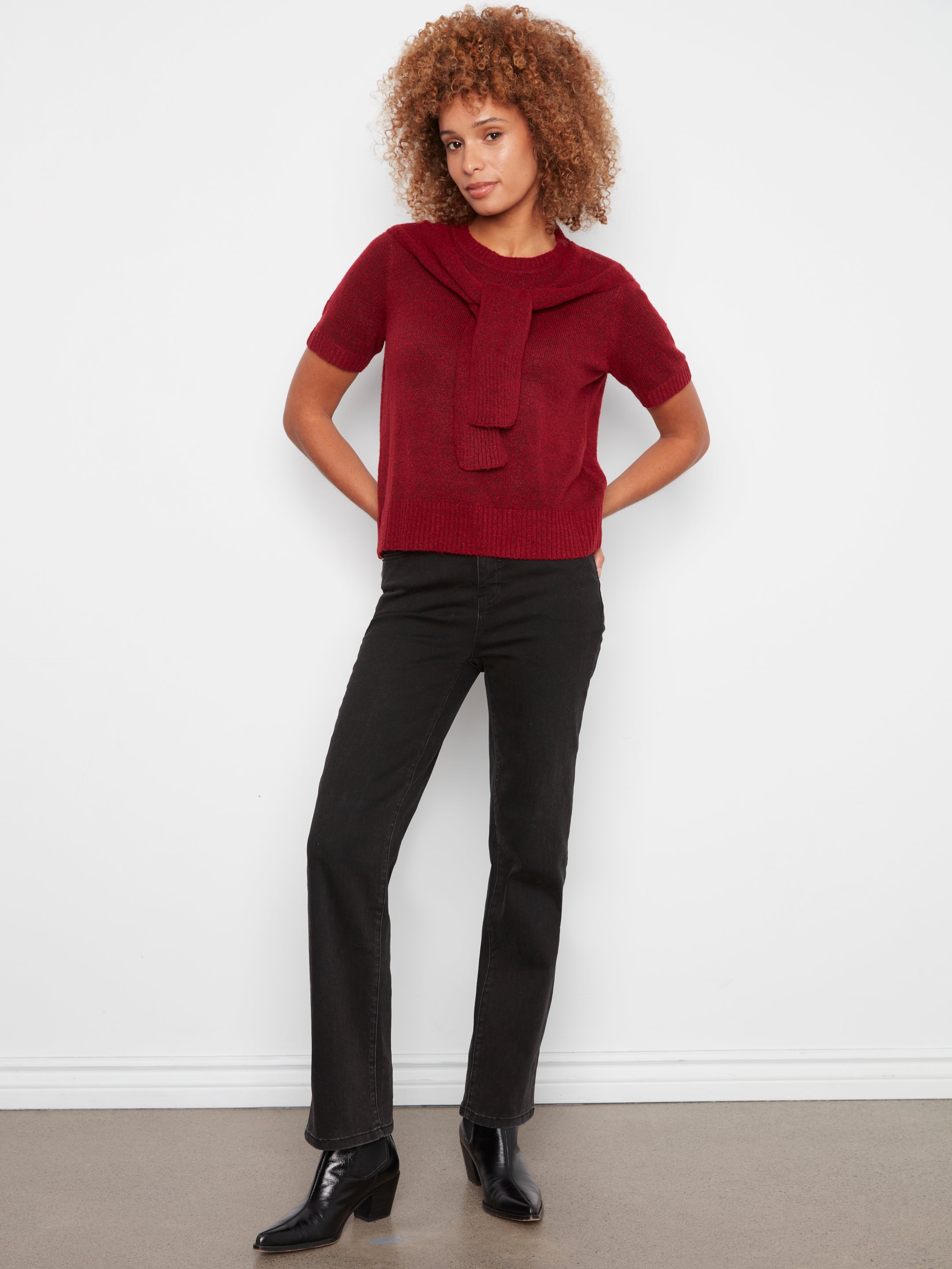 Charlie B Combined Sleeve Detail Faux-Layered Sweater--Equestrian Red