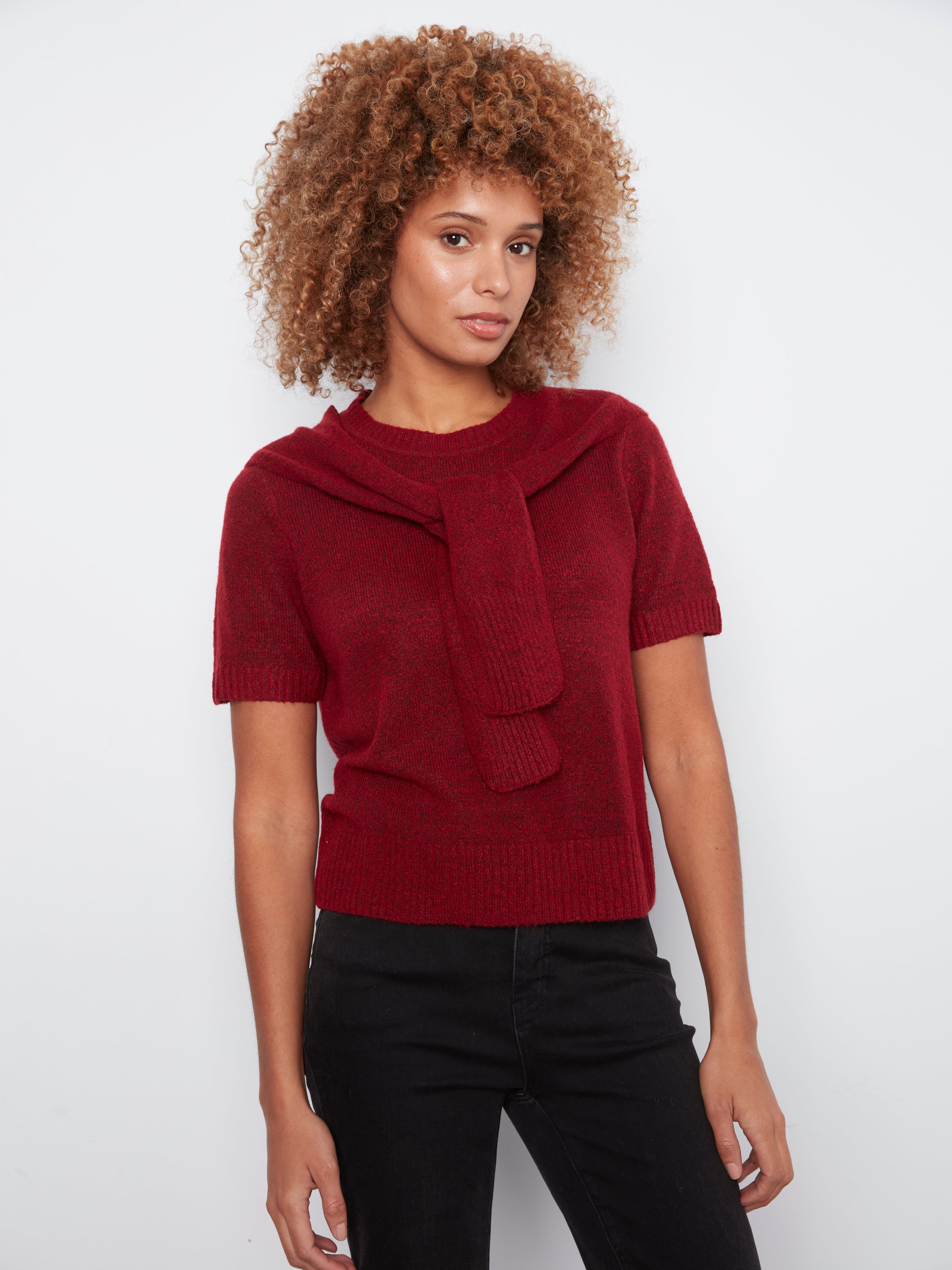 Charlie B Combined Sleeve Detail Faux-Layered Sweater--Equestrian Red