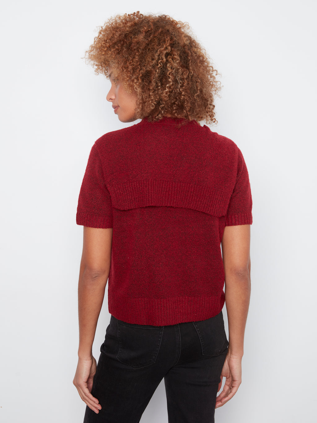 Charlie B Combined Sleeve Detail Faux-Layered Sweater--Equestrian Red
