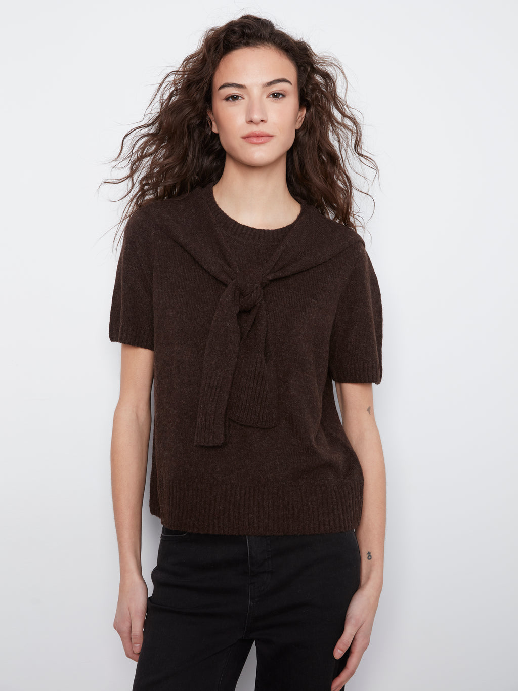 Charlie B Combined Sleeve Detail Faux-Layered Sweater--Coffee