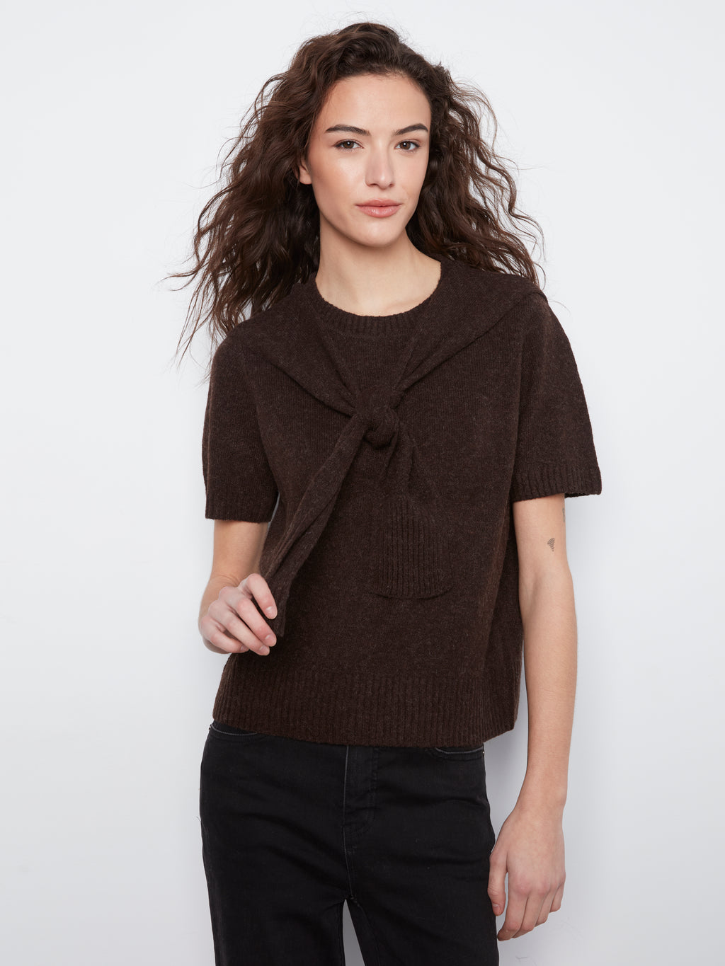 Charlie B Combined Sleeve Detail Faux-Layered Sweater--Coffee