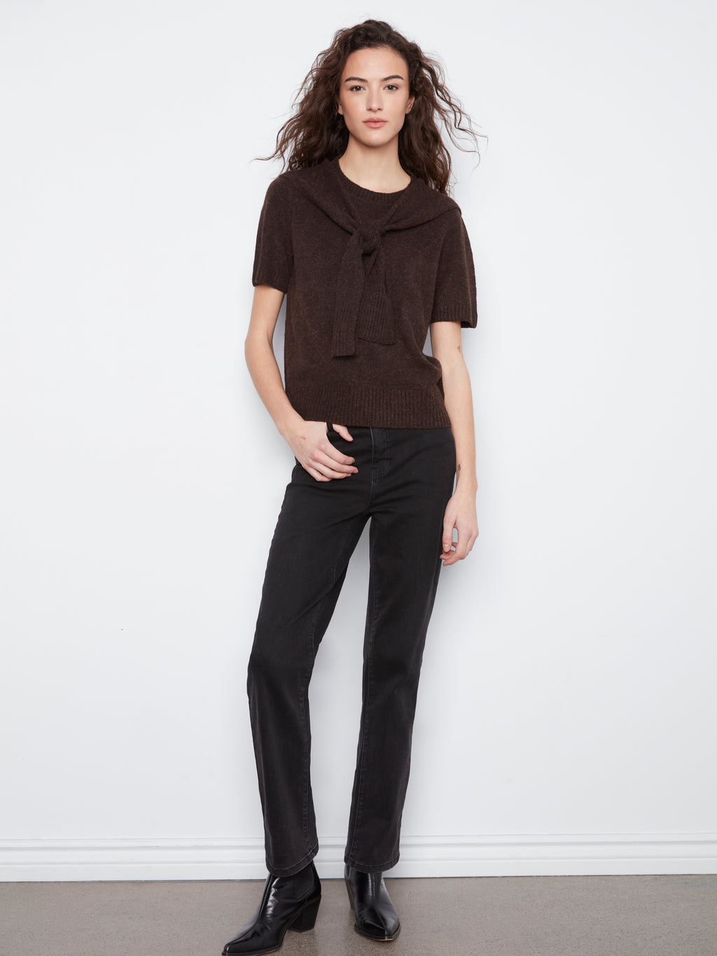 Charlie B Combined Sleeve Detail Faux-Layered Sweater--Coffee