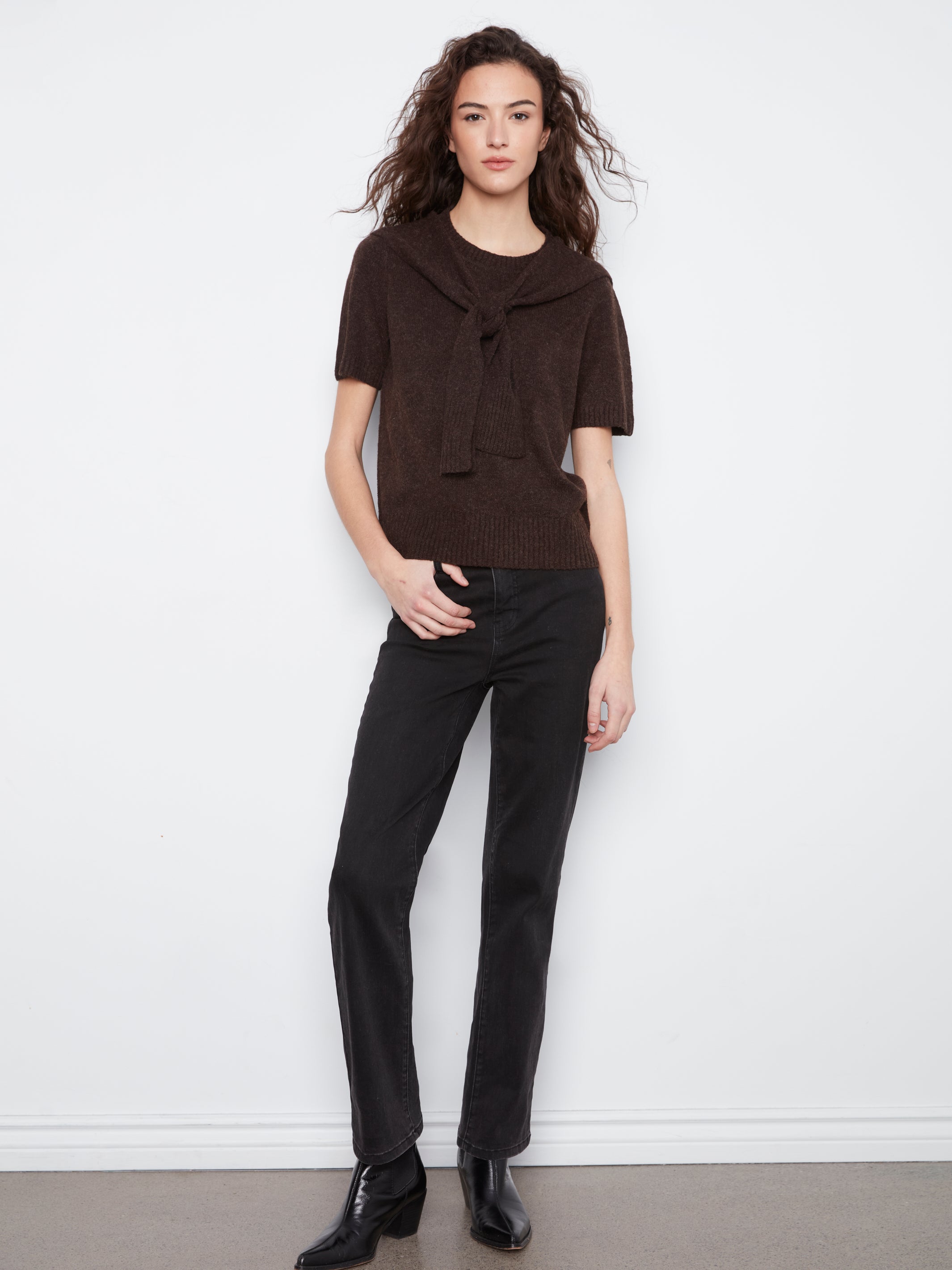 Charlie B Combined Sleeve Detail Faux-Layered Sweater--Coffee