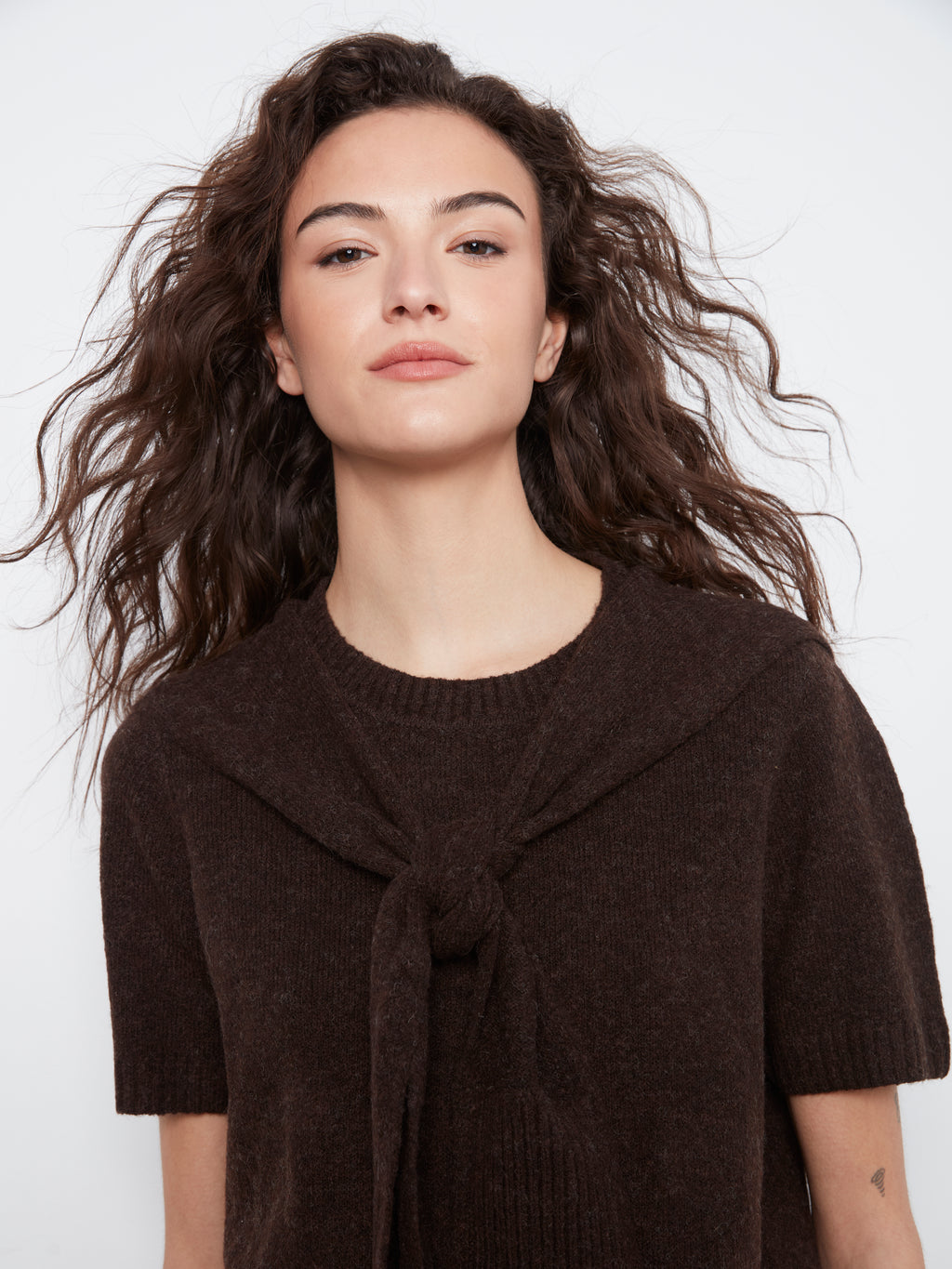 Charlie B Combined Sleeve Detail Faux-Layered Sweater--Coffee