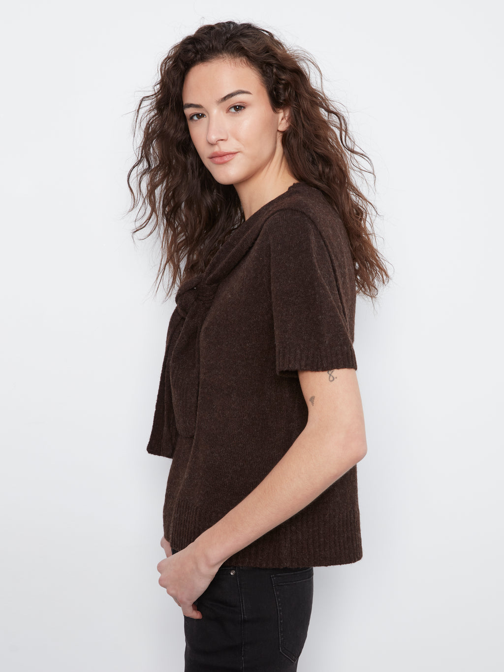 Charlie B Combined Sleeve Detail Faux-Layered Sweater--Coffee