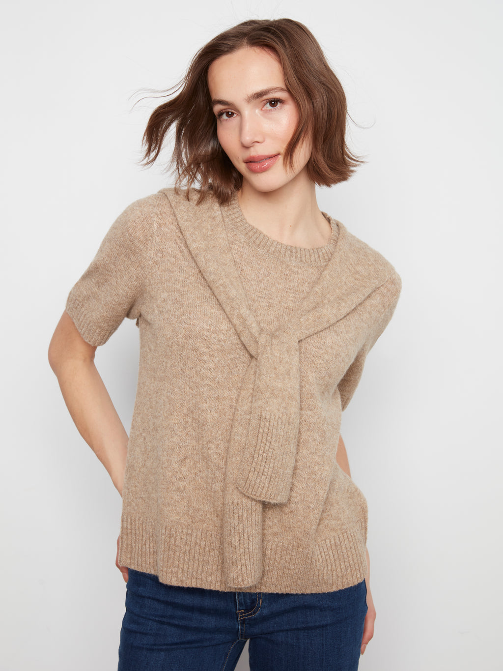 Charlie B Combined Sleeve Detail Faux-Layered Sweater--Truffle