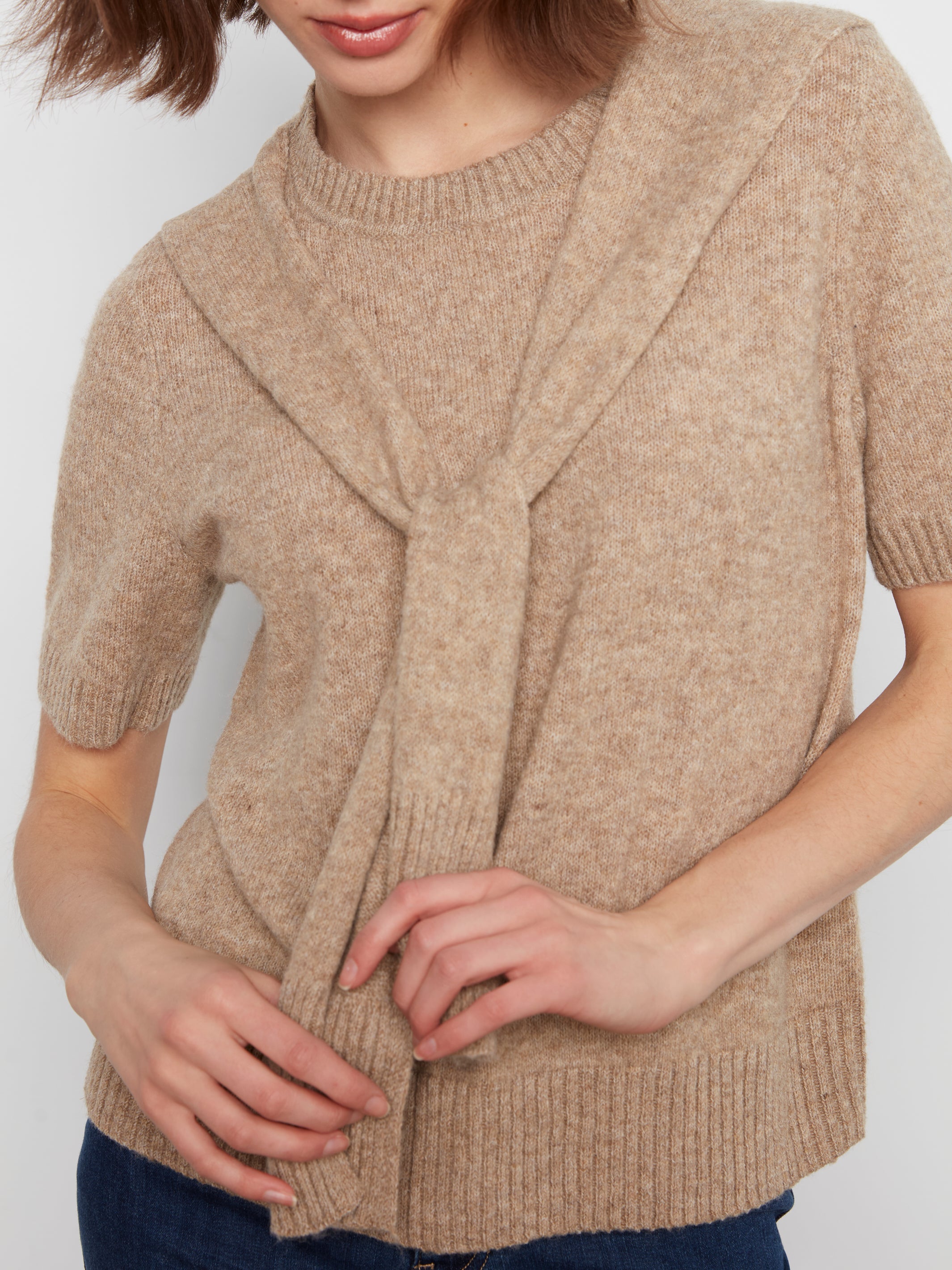 Charlie B Combined Sleeve Detail Faux-Layered Sweater--Truffle