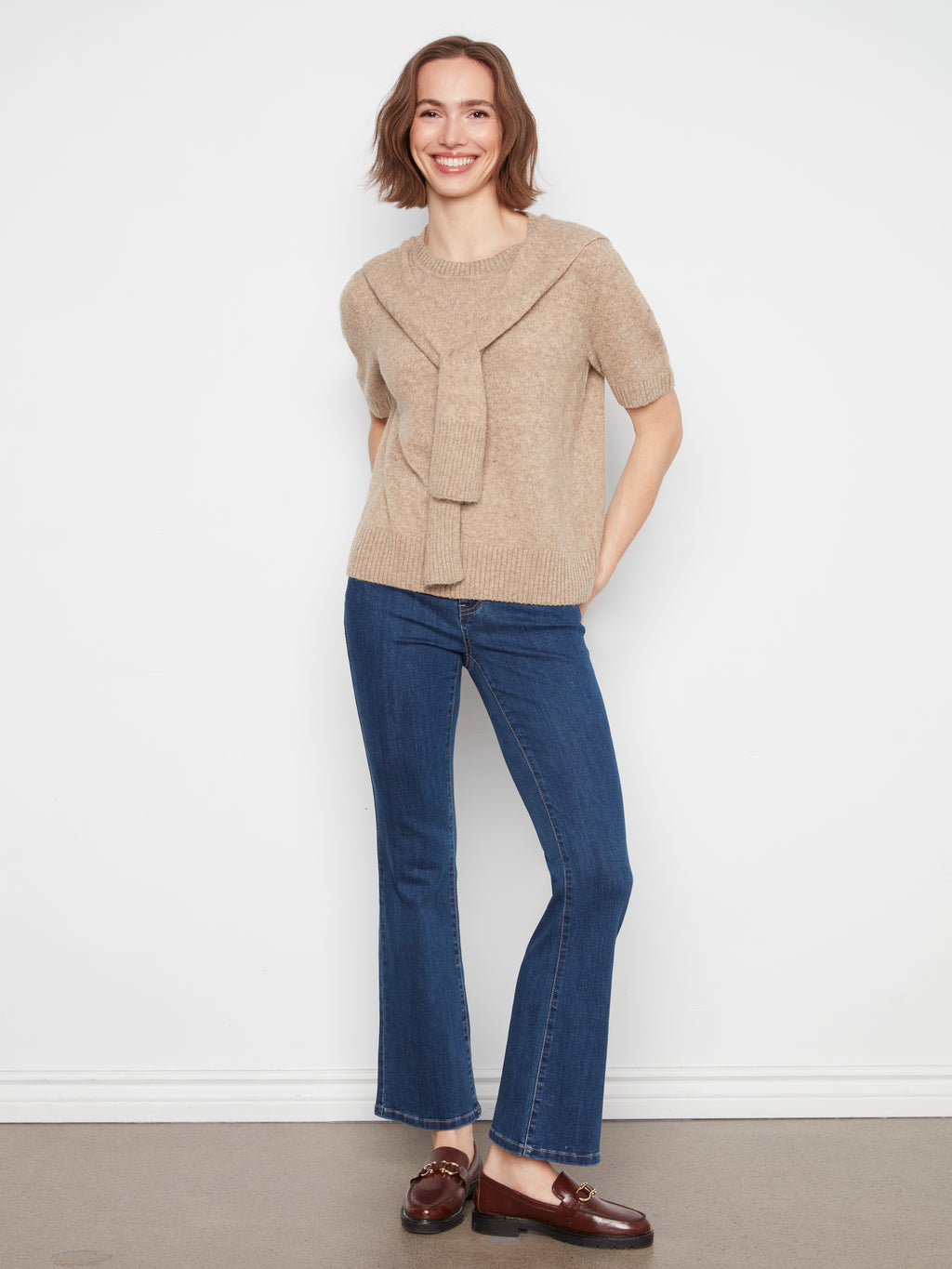 Charlie B Combined Sleeve Detail Faux-Layered Sweater--Truffle