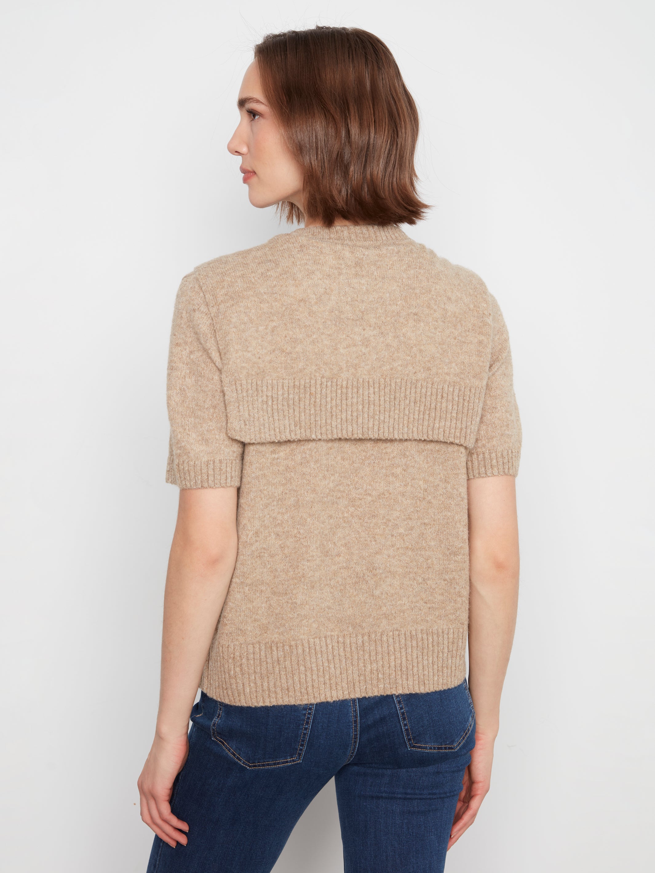 Charlie B Combined Sleeve Detail Faux-Layered Sweater--Truffle