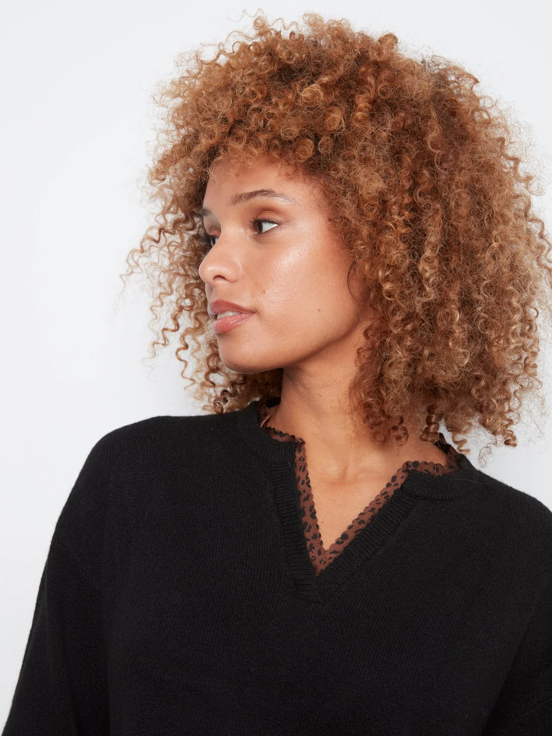 Charlie B V-Notch Neckline Sweater with Leopard Trim