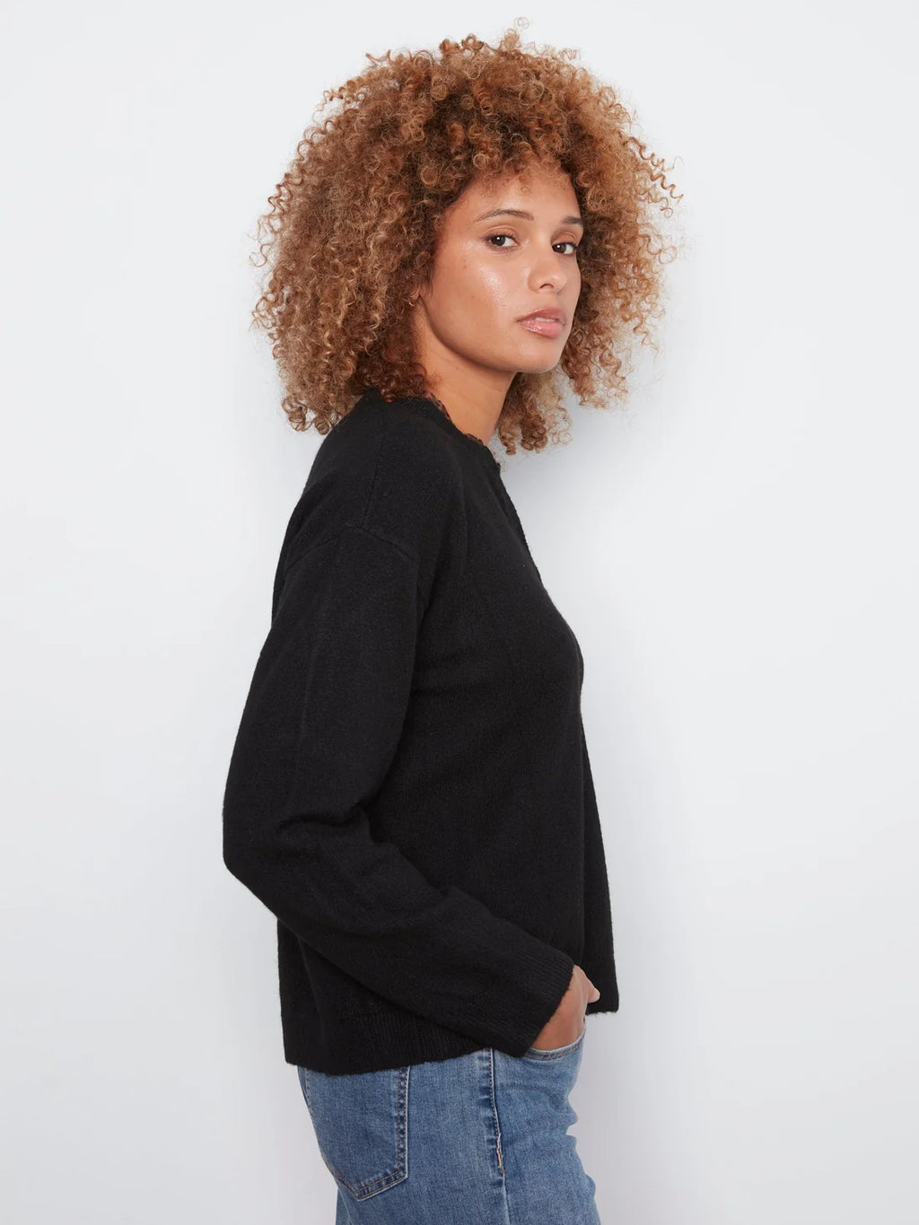 Charlie B V-Notch Neckline Sweater with Leopard Trim