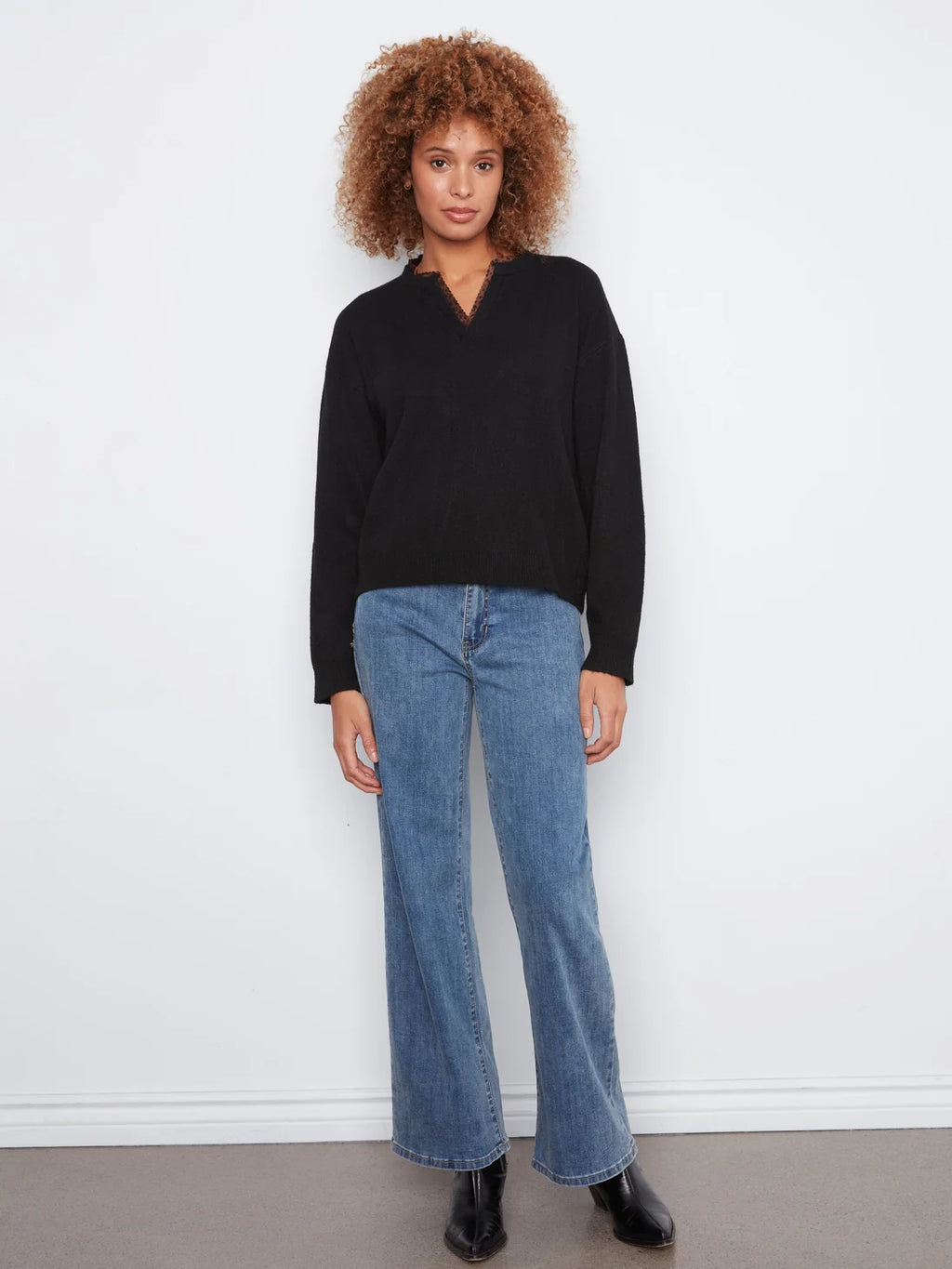 Charlie B V-Notch Neckline Sweater with Leopard Trim