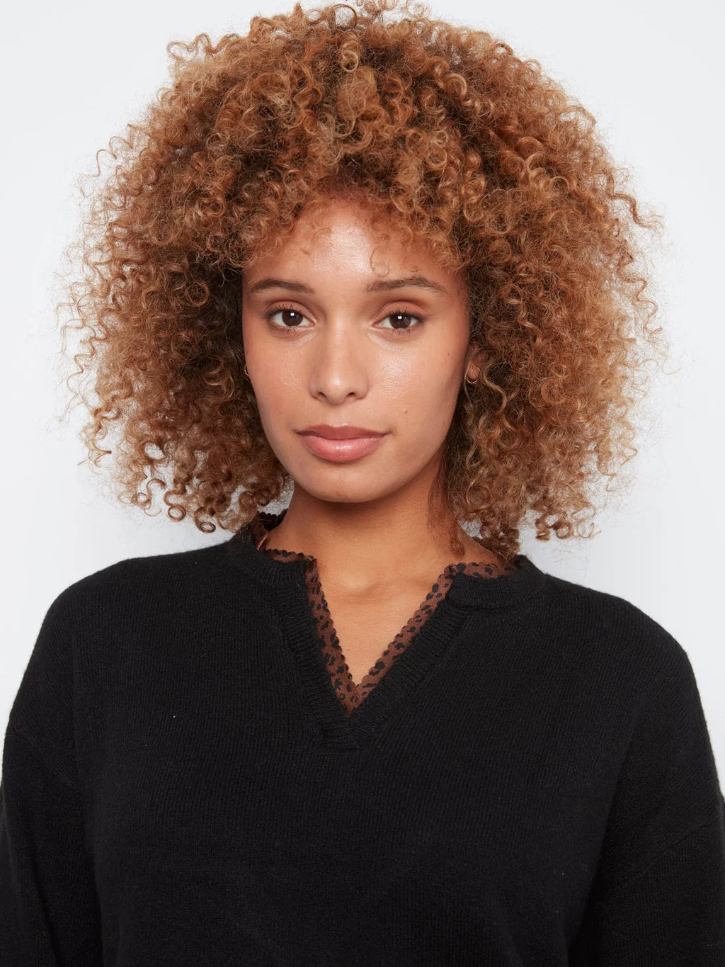 Charlie B V-Notch Neckline Sweater with Leopard Trim