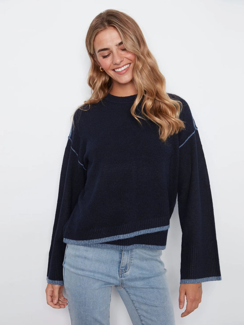 Charlie B Drop Shoulder Crew Neck Sweater with Asymmetric Hem & Contrast Tipping