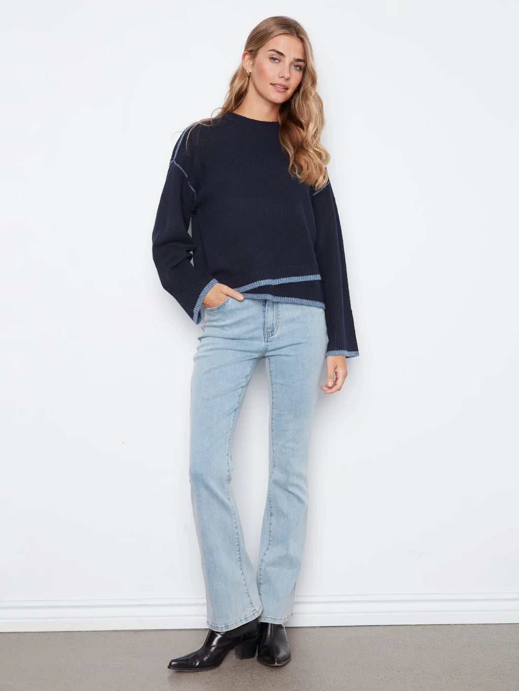 Charlie B Drop Shoulder Crew Neck Sweater with Asymmetric Hem & Contrast Tipping