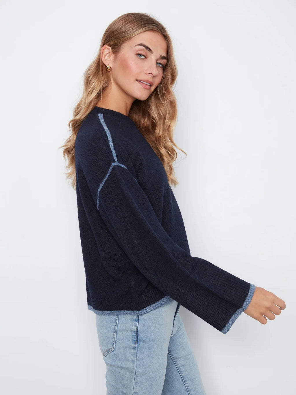 Charlie B Drop Shoulder Crew Neck Sweater with Asymmetric Hem & Contrast Tipping