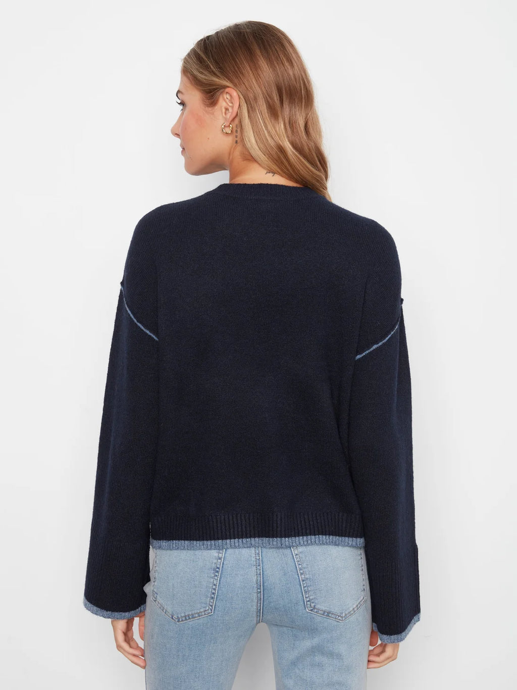 Charlie B Drop Shoulder Crew Neck Sweater with Asymmetric Hem & Contrast Tipping