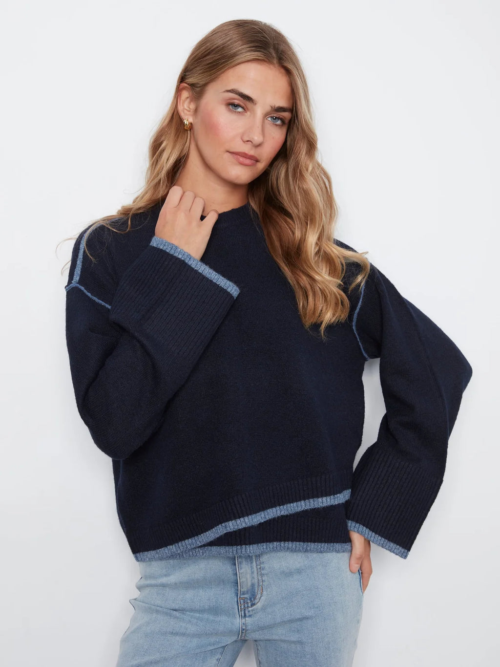 Charlie B Drop Shoulder Crew Neck Sweater with Asymmetric Hem & Contrast Tipping