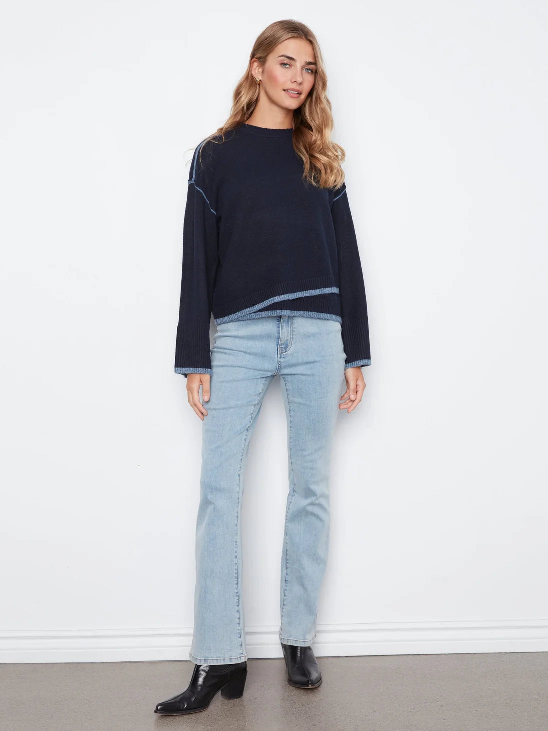 Charlie B Drop Shoulder Crew Neck Sweater with Asymmetric Hem & Contrast Tipping