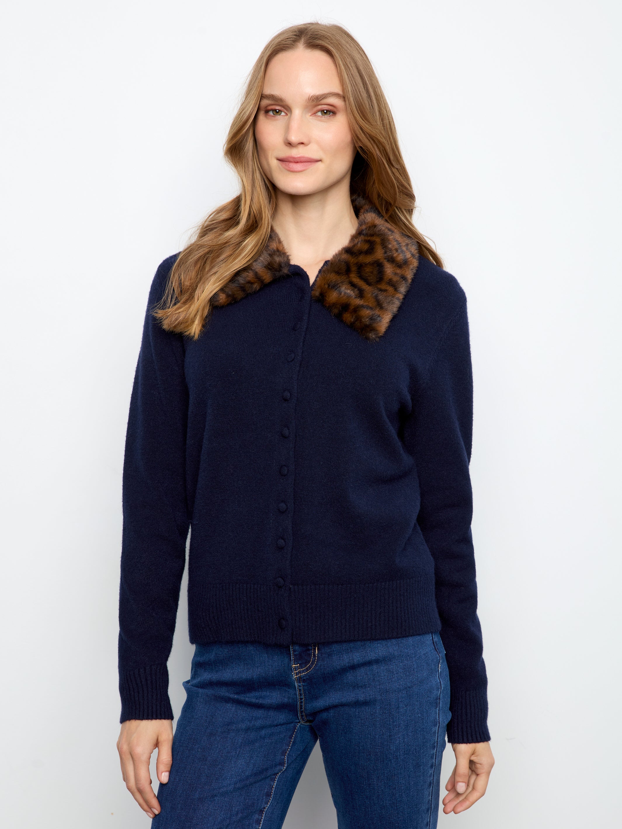 Plushy Button Up Cardigan with Faux Fur Collar by Charlie B