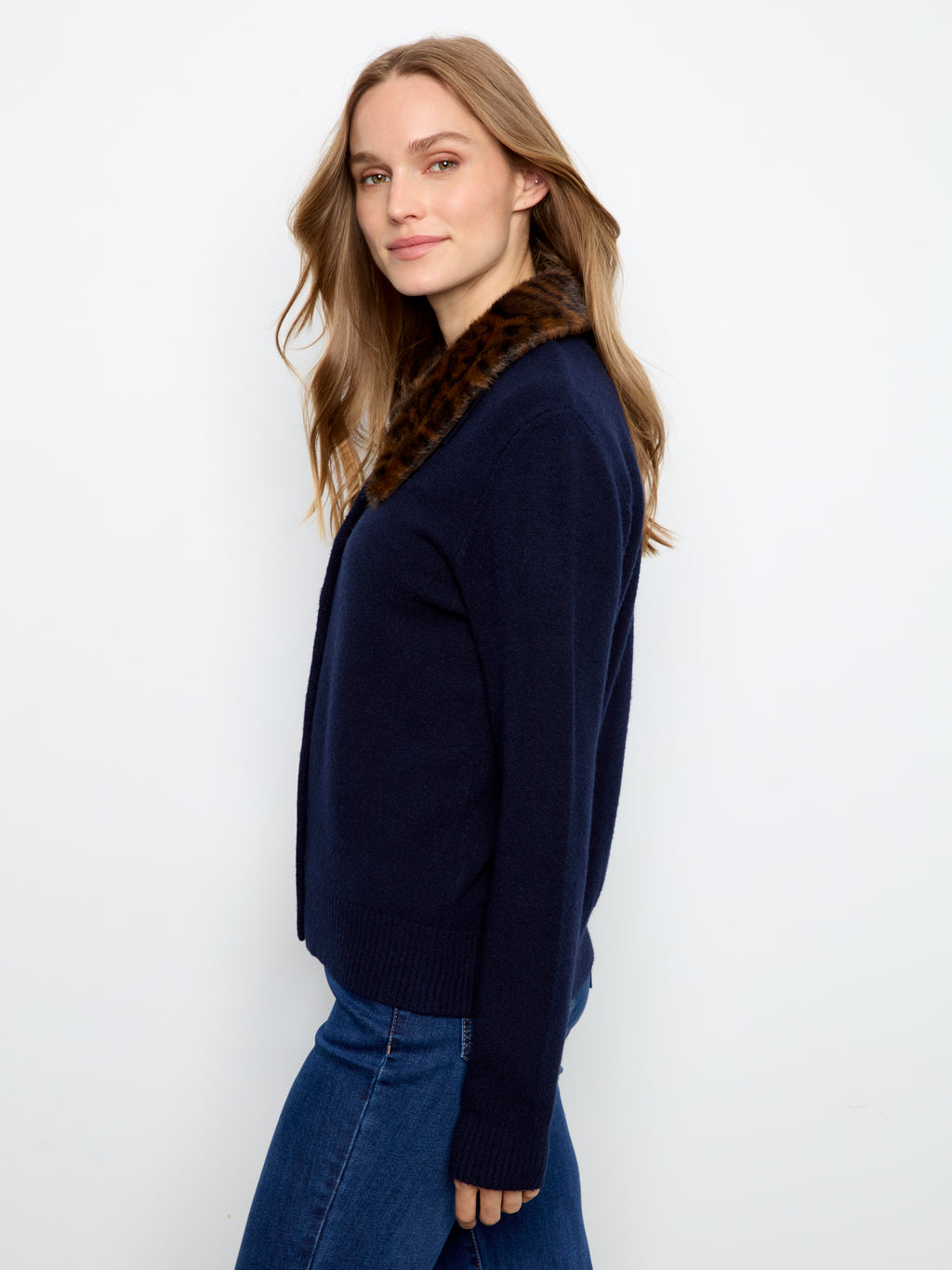 Plushy Button Up Cardigan with Faux Fur Collar by Charlie B